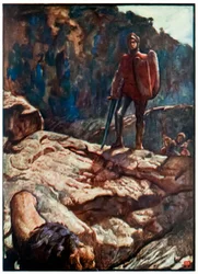 „Großherz treibt den Löwen zurück“ aus „Die Pilgerreise von dieser Welt zu der, die kommen wird“ von John Bunyan