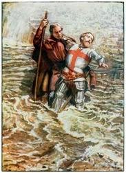 Hopeful hilft Christian den Fluss zu überqueren aus The Pilgrims Progress From This World, To That Which Is To Come von John Bunyan (1628-1688) Illustration von Byam Shaw (1872-1919)