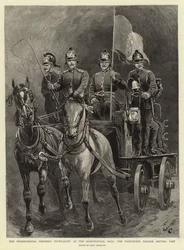 Das internationale Feuerwehrturnier in der Agricultural Hall, die portugiesische Brigade fährt vorbei