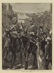 Die Rückkehr der Truppen aus Ägypten, die Royal Horse Guards (Blau) auf dem Weg zu den Albany Street Barracks