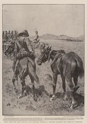 Was der Krieg unseren Kavalleriepferden angetan hat, ein Soldat führt sein erschöpftes Pferd