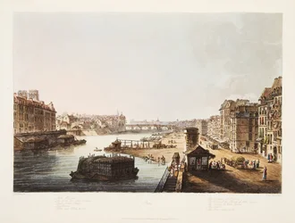 Insel St. Louis, Die Türme der Kirche Notre Dame, Die Brücke Notre Dame, Der Louvre, Der Kornquai, Illustration aus Versailles, Paris und Saint Denis, veröffentlicht 1805