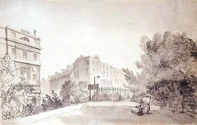 Ansicht des Fitzroy Square mit zwei Figuren, die eine Gartenwalze ziehen, ca. 1808