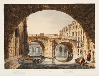 Ansicht unter dem ersten Bogen der Brücke des Hôtel-Dieu, die Kleine Brücke, Teil des Hôtel-Dieu, Illustration aus Versailles, Paris und Saint Denis, veröffentlicht 1809