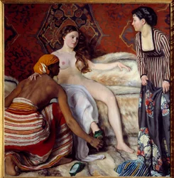 Orientalismus: Die Toilette Eine junge weiße Frau wird von ihren zwei Mägden bei der Toilette unterstützt. Gemälde von Frederic Bazille 1869 Montpellier, Musee Fabre