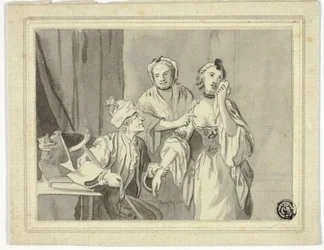 Literarische Illustration: Alter Mann hält junge Frau zurück, die von älterer Frau begleitet wird