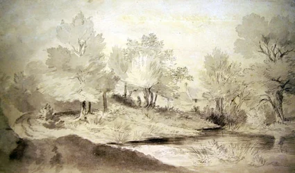 Ein Teich in Suffolk, mit Hütten in der Ferne