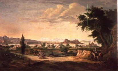 Figuren mit einem Esel, Korfu in der Ferne