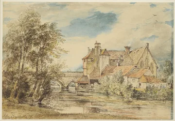 Alte Häuser auf der Harnam-Brücke, Salisbury mit dem alten Krankenhaus von St. Nicholas, 1827
