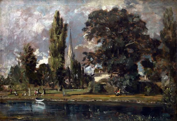 Kathedrale von Salisbury und Leadenhall vom Fluss Avon, 1820
