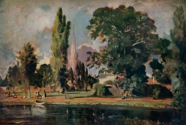 Kathedrale von Salisbury und Leadenhall vom Fluss Avon, 1820