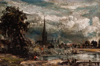 Kathedrale von Salisbury von der Long Bridge bei der Fisherton-Mühle