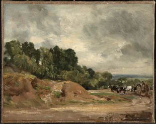 Sandbänke und ein Pferdewagen auf der Hampstead Heath