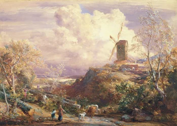 Windmühle auf einem Hügel mit Viehtreibern
