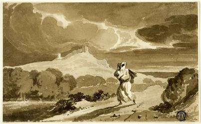 Frau mit Baby auf der Flucht über das Moor