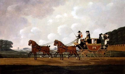Die Ludlow nach Worcester Postkutsche von Messrs. Richard Costar und Christopher Ibberson auf der Straße