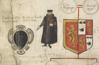 (Detail) Genealogische Rolle des Abstammung von John Dee, zeigt seine Verwandtschaft mit den Herrschern des Hauses Tudor