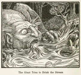 Der Riese versucht, den Bach zu trinken, aus Europas Märchenbuch, veröffentlicht 1916 (Gravur)