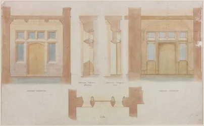 Aufriss, Schnitt und Plan des Haupteingangs von Holme Eden
