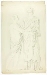 Antike Skulptur einer stehenden Frau und eines Jungen