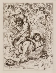 Liegende Figur mit Kreuz, der Teufel sitzt in der Nähe, umgeben von schwebenden Figuren