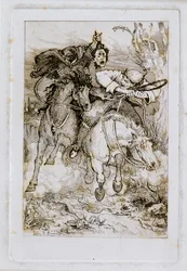 Zwei galoppierende Reiter [einer trägt seinen eigenen Kopf]