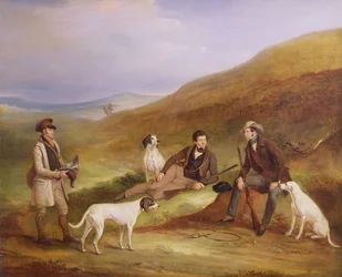 Edward Horner Reynard und sein Bruder George bei der Moorhuhnjagd mit dem Wildhüter Tully Lamb in Middlesmoor, Yorkshire