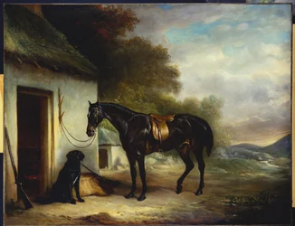 Mr. Stuarts Lieblingsjäger, Vagabond und sein Flatcoated Retriever, Nell, an einer Hüttentür, 1867