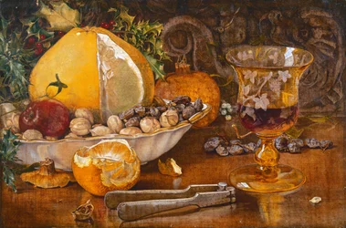 Stillleben mit Obst, Nüssen und Weinglas, 1864