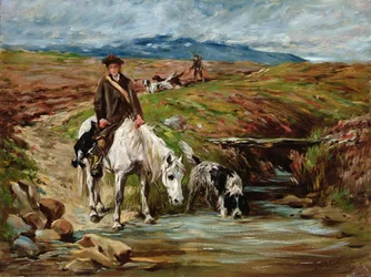 Pferd und Spaniel trinken aus einem Bach
