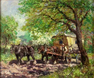 Zwei Pferde und ein Wohnwagen