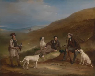 Edward Horner Reynard und sein Bruder George beim Moorhuhnschießen in Middlesmoor, Yorkshire, mit ihrem Wildhüter Tully Lamb
