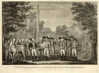 Die Briten übergeben ihre Waffen an General Washington nach ihrer Niederlage in York Town, Virginia, Oktober 1781, veröffentlicht 1819 (Gravur)