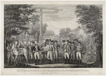 Die Briten übergeben ihre Waffen an General Washington nach ihrer Niederlage in York Town, Virginia, Oktober 1781