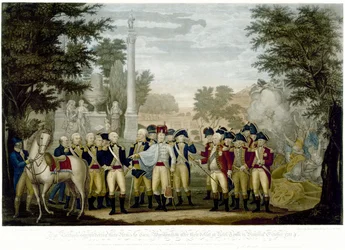 Die Briten übergeben ihre Waffen an General Washington nach ihrer Niederlage in Yorktown, Virginia, Oktober 1781, 1819
