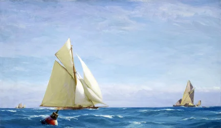 Ein großes Segelboot und eine Barke auf der Themse, vor der Küste eines Hafens, um 1910