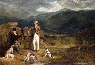 Zwei Herren mit Vorstehhunden in einer Moorhuhnheide, 1824