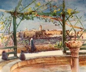 Geburtskirche in Bethlehem von einem Garten auf dem gegenüberliegenden Hügel, 1902
