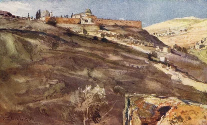 Jerusalem, Südwand des Tempelbereichs, vom Tal Hinnom, bei Sonnenuntergang