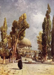 Der Felsendom (Moschee von Omar), gesehen von der Veranda auf der Nordseite der Moschee von El Aksa