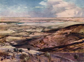 Die judäische Wüste und das Tote Meer, vom höchsten Punkt des Ölbergs