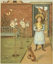 Mädchen in einem ummauerten Garten, neben Lilien und ihrem Hund