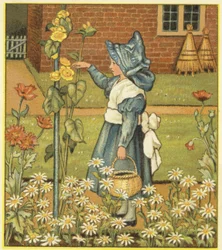 Mädchen im Garten mit Stockrose, Mohn und Gänseblümchen