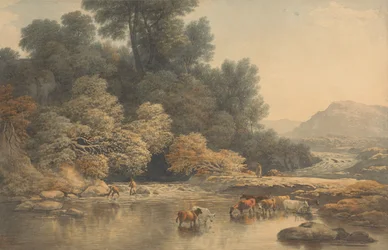 Hügelige Landschaft mit Fluss und Vieh