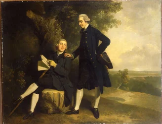 Doppelporträt von Thomas Somers Cocks und Richard Cocks von Castleditch, beide in voller Länge, der erste in einem blauen Mantel und Weste, der einen schwarzen Dreispitz hält, der zweite sitzt in einem blauen Mantel und Weste und hält ein Manuskript, in ei