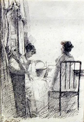 Frauen sitzen am Fenster