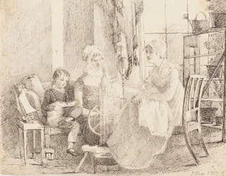 Frauen am Spinnrad und ein Junge mit einem Spielzeugboot, 1807