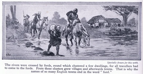 England im Mittelalter. Flüsse wurden durch Furten überquert, um die sich einige Häuser und Dörfer gruppierten