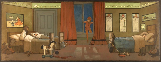 Das Kinderzimmer der Familie Darling: Peter betritt auf der Suche nach seinem Schatten und Wendy erwacht, Illustration aus 