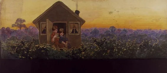 Die Baumwipfel bei Sonnenuntergang ein Jahr später: Peter im kleinen Haus mit Wendy bei ihrem jährlichen Frühjahrsputzbesuch, Illustration zu 